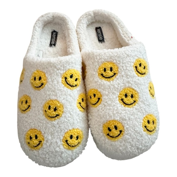 KENSIE Women's Faux Sherpa Memory Foam Yellow Smile Faces Slippers-Size 10/11 - Picture 1 of 7